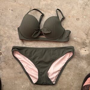 Shade & Shore Olive Ribbed Bikini Set with Bow Detail